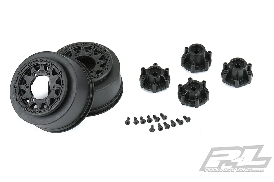 Pro-Line 2.2/3.0 inch black Raid rims for RC short course trucks, including four removable hex adapters and a set of mounting screws.