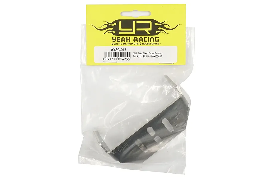 Yeah Racing stainless steel front fender skid plate for Axial SCX10 III in original retail packaging.