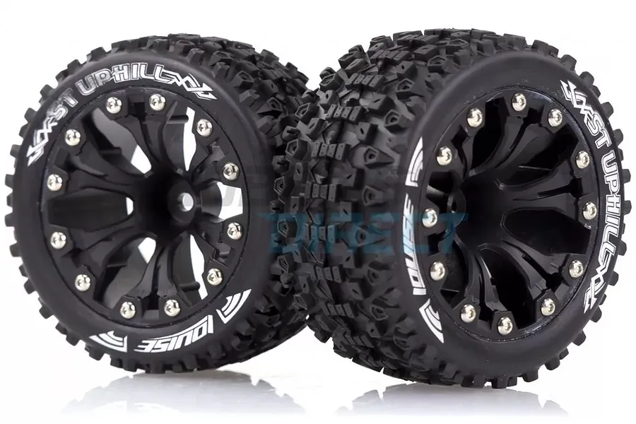 Two Louise 2.8 inch ST-Uphill RC monster truck tyres pre-glued onto black multi-spoke rims with silver beadlock-style detailing.