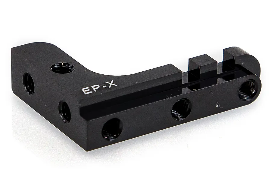 A black anodized aluminium Power HD EP-X servo mount with multiple threaded mounting holes against a white background.