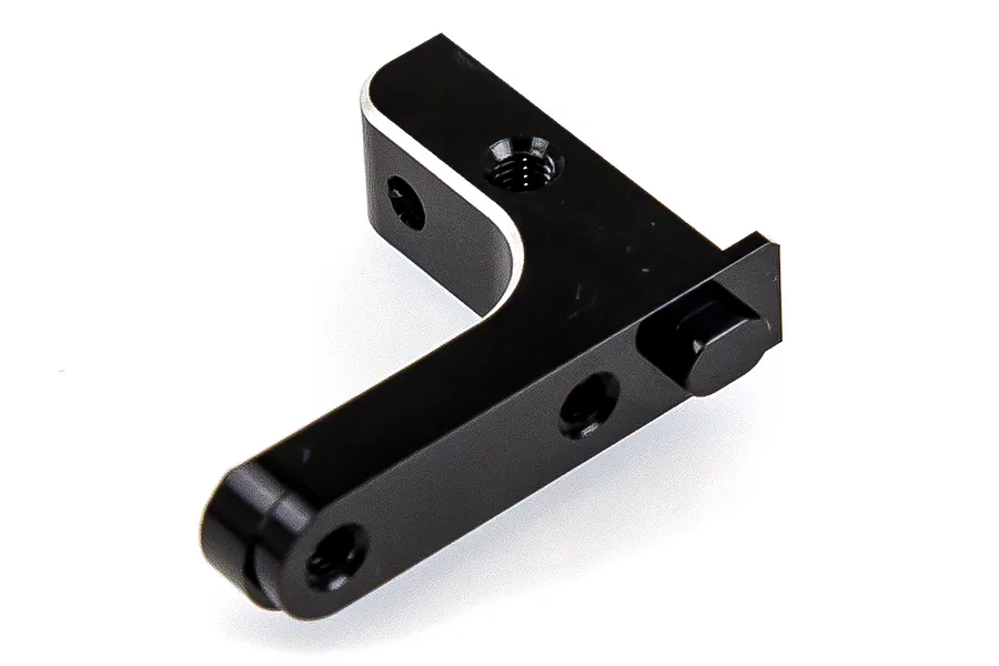 A black anodized aluminium servo mount for RC cars, featuring a L-shaped design with multiple screw holes and a mounting post.
