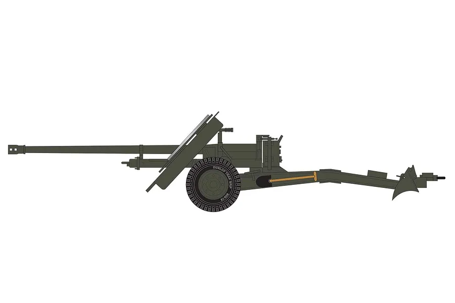 A side-profile digital illustration of an olive green 17-pounder anti-tank gun on a white background.