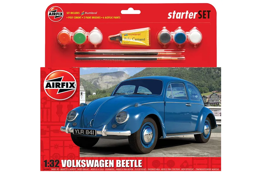 Airfix 1/32 scale Volkswagen Beetle model kit starter set packaging featuring a blue VW Beetle car and included paints, brushes, and glue.