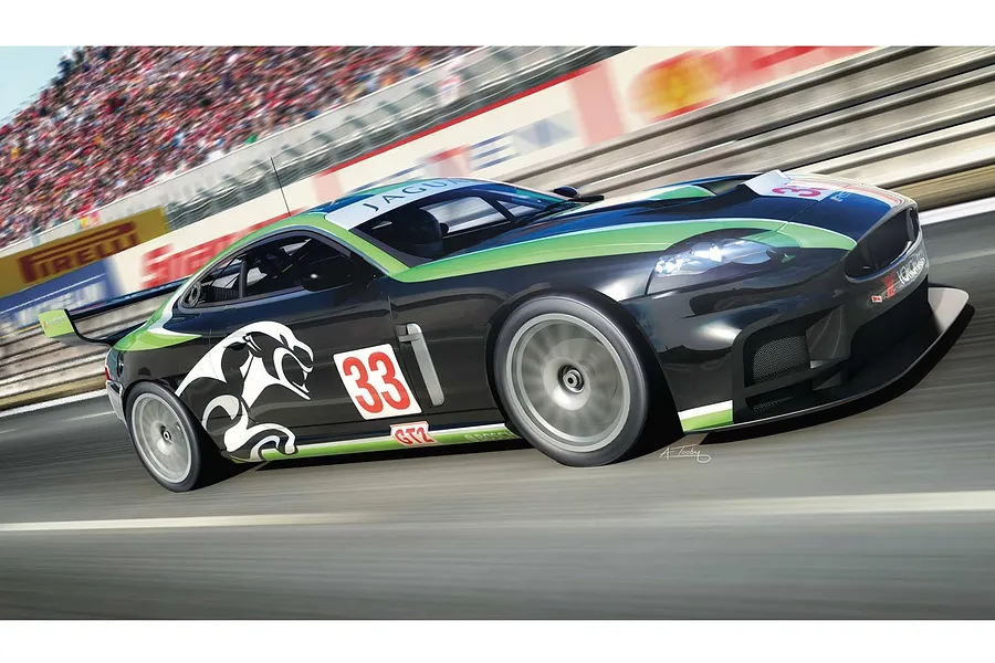 An artistic illustration of a black and green Jaguar XKR GT3 race car with number 33, speeding around a track with a blurred crowd in the background.