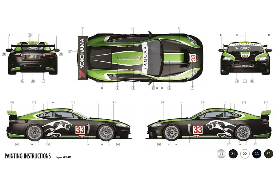 Painting and decal placement guide for an Airfix 1/32 Jaguar XKR GT3 model kit, showing top, front, rear, and side views with numbered reference points.