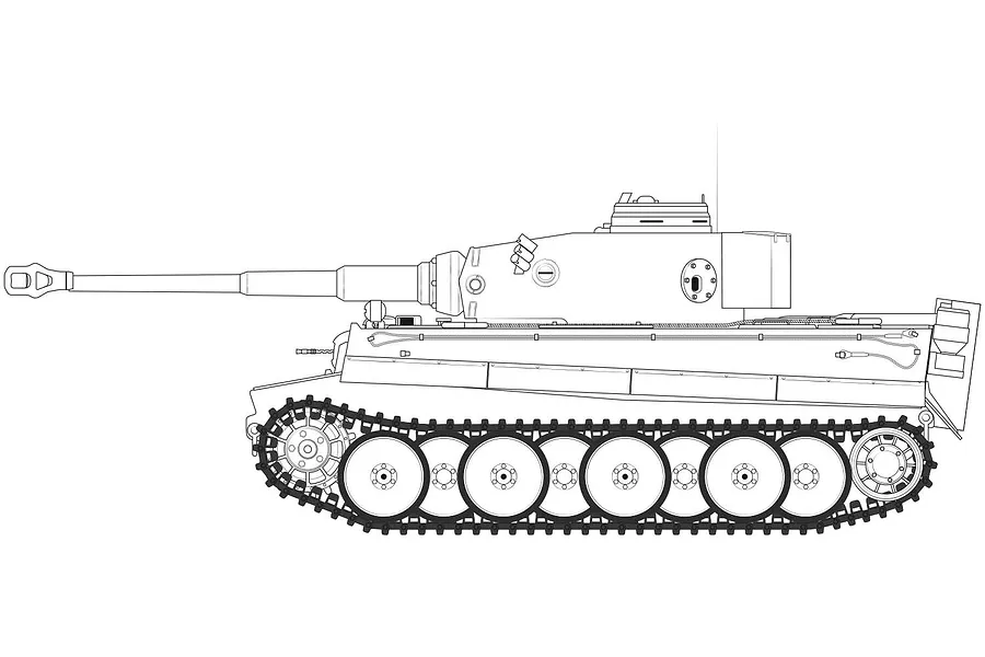 A black and white line drawing of a Tiger 1 tank viewed from the side, showing the hull, turret, tracks, and long main gun barrel.