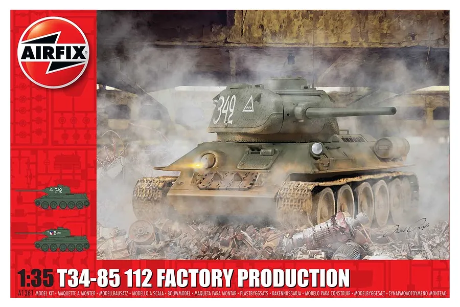 Airfix 1/35 scale T34/85 112 Factory Production tank model kit box art showing a weathered green tank in a ruined industrial setting.