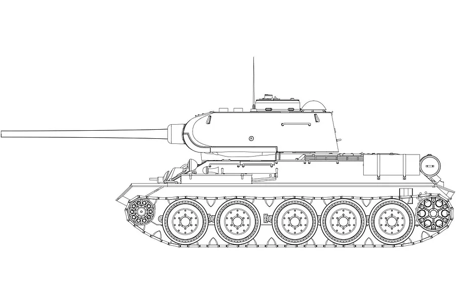 A black and white line drawing of a T-34/85 tank viewed from the side, showing the hull, turret, long gun barrel, and road wheels.
