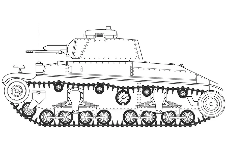 A black and white line drawing of a Pz.Kpfw.35(t) light tank shown from a side profile view.