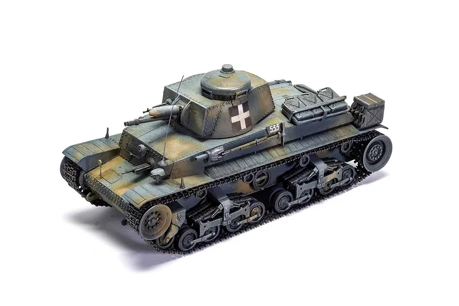 A completed and painted 1/35 scale plastic model of a German Pz.Kpfw.35(t) light tank, featuring a camouflage paint scheme and weathering effects.