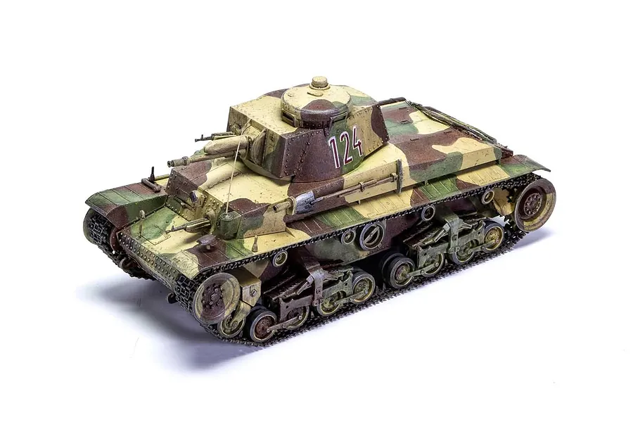 A fully assembled and painted 1/35 scale model of a German Pz.Kpfw.35(t) light tank with a camouflage paint scheme and the number 124 on the turret.