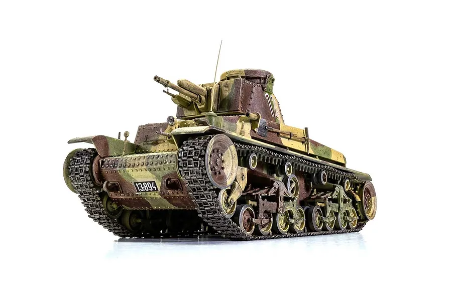 A finished 1/35 scale model of a German Pz.Kpfw.35(t) light tank, featuring a weathered camouflage paint scheme and detailed tracks, viewed from the front-left.