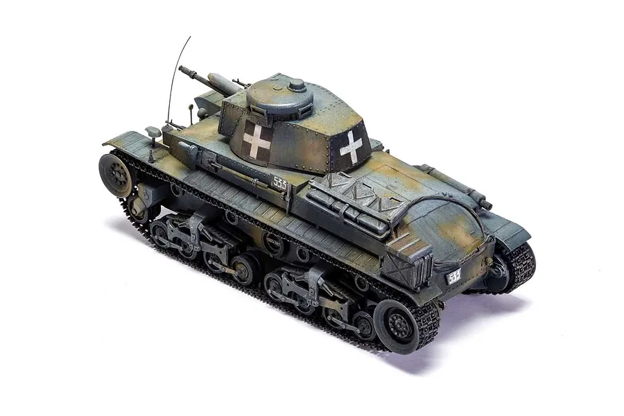 A fully assembled and painted 1/35 scale model of a German Pz.Kpfw. 35(t) light tank, featuring weathered camouflage and white cross markings.
