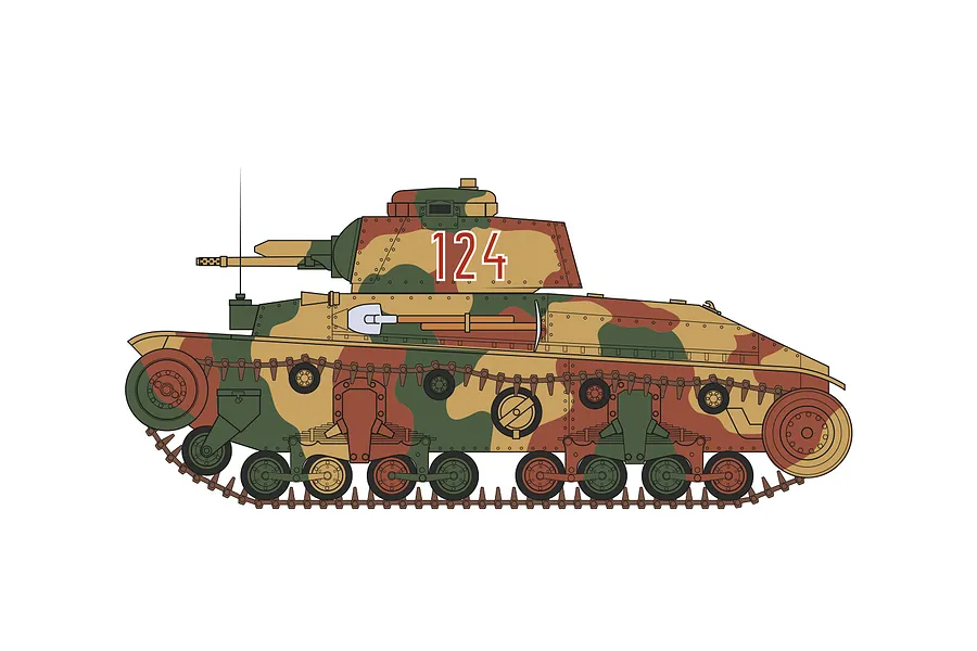 A side-profile digital illustration of a German Pz.Kpfw.35(t) light tank featuring a camouflage paint scheme and the number 124 on the turret.