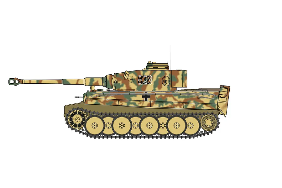 A side-profile digital illustration of a German Tiger I tank with camouflage paint and the number 823 on the turret.