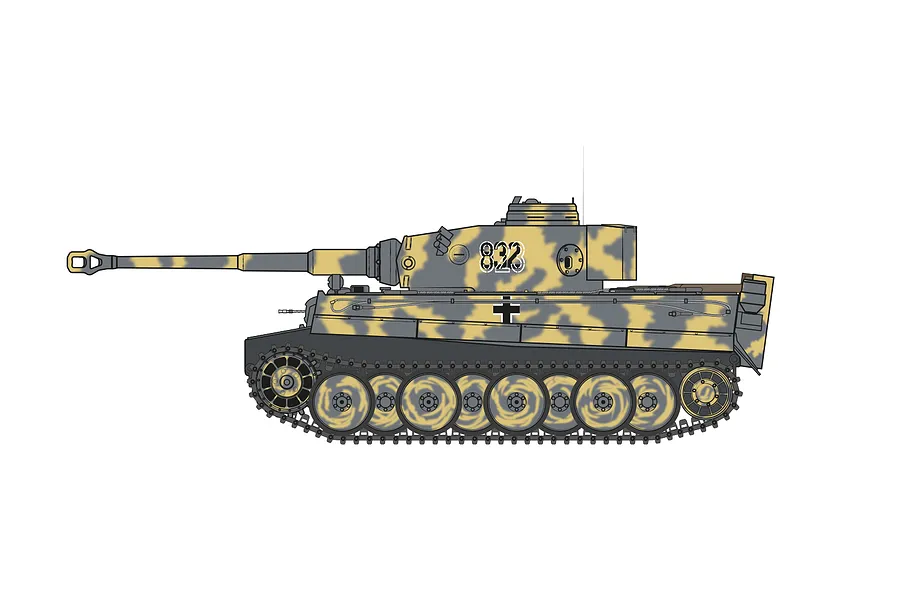 A digital illustration of a German Tiger I tank in side profile, featuring a camouflage pattern and the number 832 on the turret.