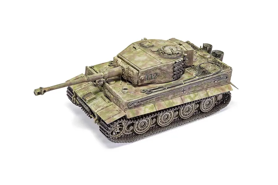 A high-angle studio shot of a fully assembled and painted 1/35 scale Tiger 1 tank model with camouflage paint and the number 112 on the turret.