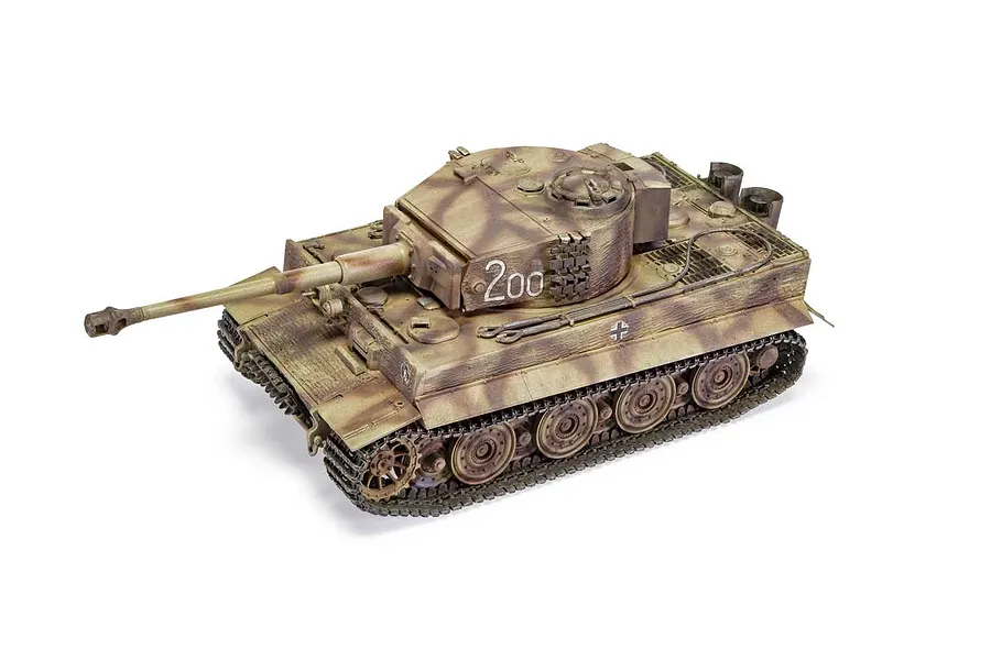 A fully assembled and painted 1/35 scale Tiger 1 tank model with camouflage paint and the number 200 on the turret.