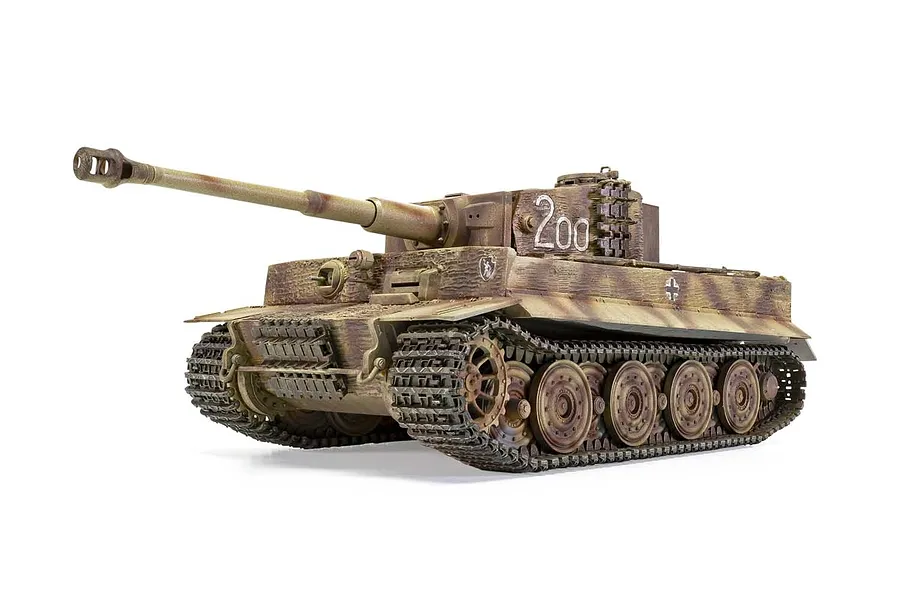 A fully assembled and painted 1/35 scale model of a German Tiger I tank, featuring a camouflage paint scheme and the number 200 on the turret.