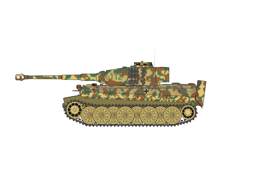 A side-profile digital illustration of a Tiger I tank featuring a multi-coloured camouflage pattern and the number 112 on the turret.