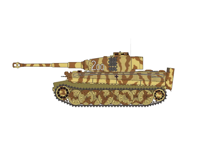 A side-profile digital illustration of a German Tiger I tank with a tan and brown camouflage pattern and the number 200 on the turret.