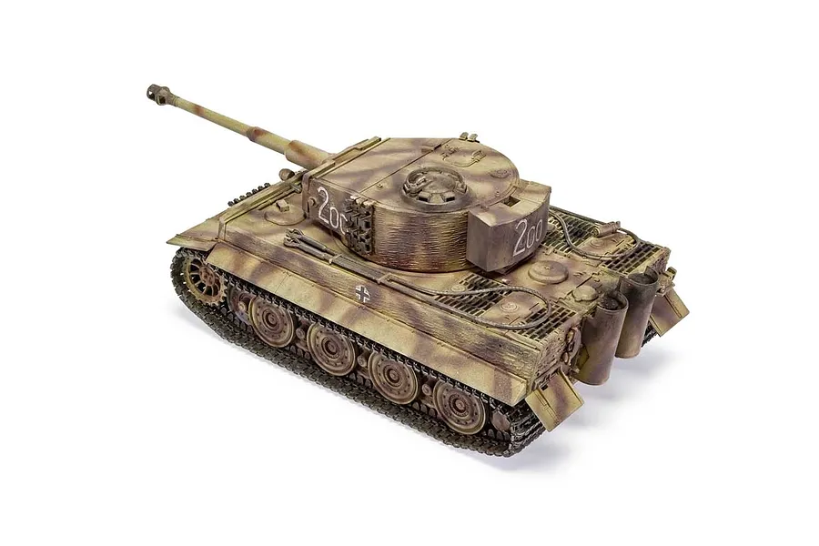 A fully assembled and painted 1/35 scale Tiger I tank model with a camouflage paint scheme and the number 200 on the turret.