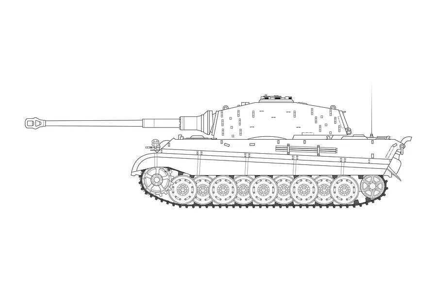 A black and white line drawing of a King Tiger tank viewed from the side.
