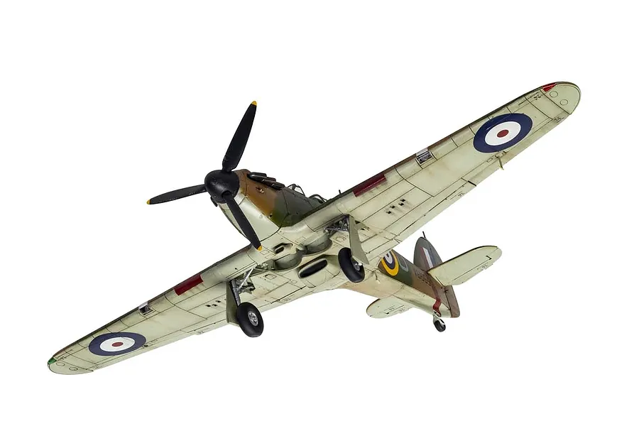 A completed 1/48 scale model of a Hawker Hurricane Mk.1 fighter plane, viewed from below against a white background.