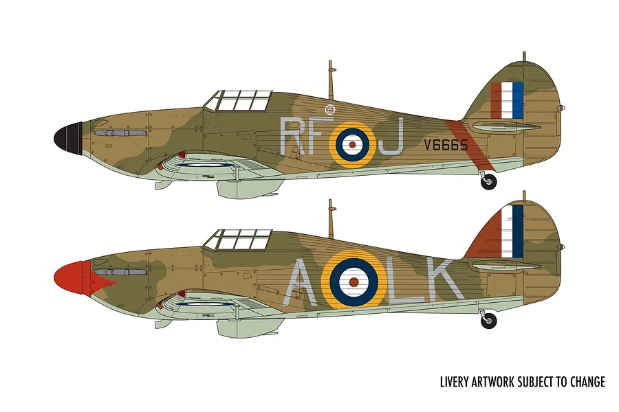 Two side-profile illustrations of a Hawker Hurricane Mk.1 fighter plane showing different camouflage and decal schemes.