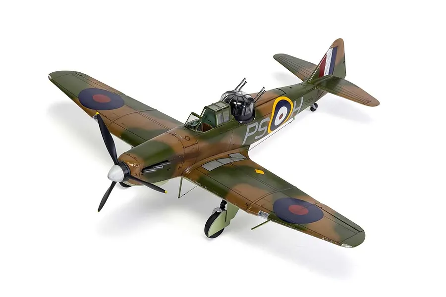 A fully assembled and painted 1/48 scale model of a Boulton Paul Defiant Mk.1 fighter aircraft, featuring a brown and green camouflage scheme.