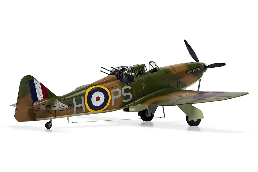A finished 1/48 scale model of a Boulton Paul Defiant Mk.1 fighter plane with camouflage paint and RAF markings.