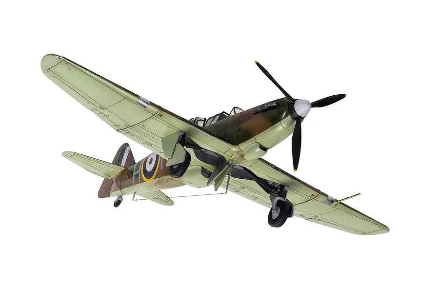A completed 1/48 scale plastic model of a Boulton Paul Defiant Mk.1 fighter aircraft, viewed from below against a white background.