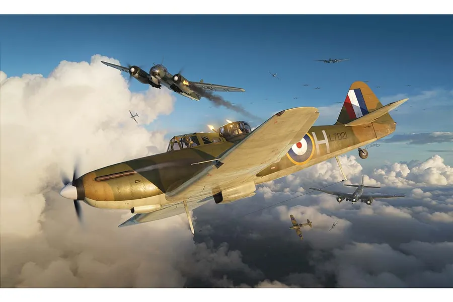 Digital illustration of a Boulton Paul Defiant Mk.1 fighter aircraft in flight during a dogfight above clouds.