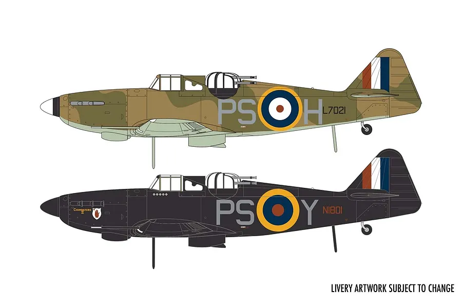 Digital profile illustrations of two Boulton Paul Defiant Mk.1 fighter aircraft in different camouflage schemes.