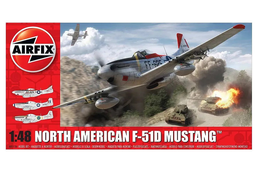 Airfix 1/48 scale North American F-51D Mustang model kit box art featuring a silver fighter plane flying over tanks in a battlefield.