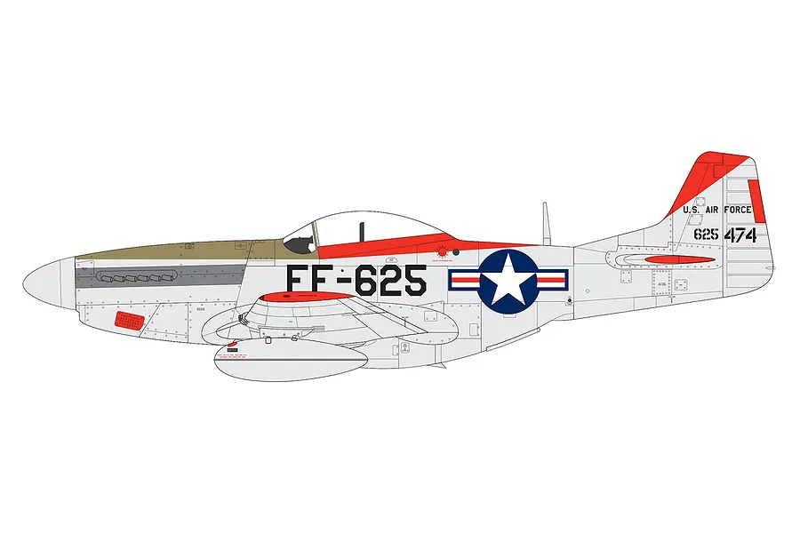 A digital side-profile illustration of a North American F-51D Mustang fighter aircraft in US Air Force livery with red tail and wing accents.