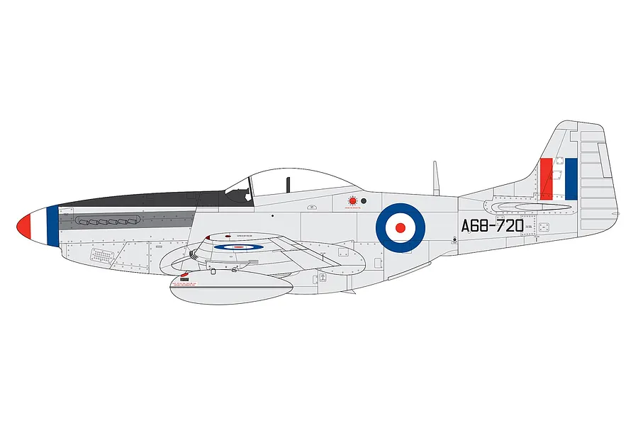 A side-profile digital illustration of a North American F-51D Mustang fighter aircraft in RAAF livery with silver finish and roundel markings.