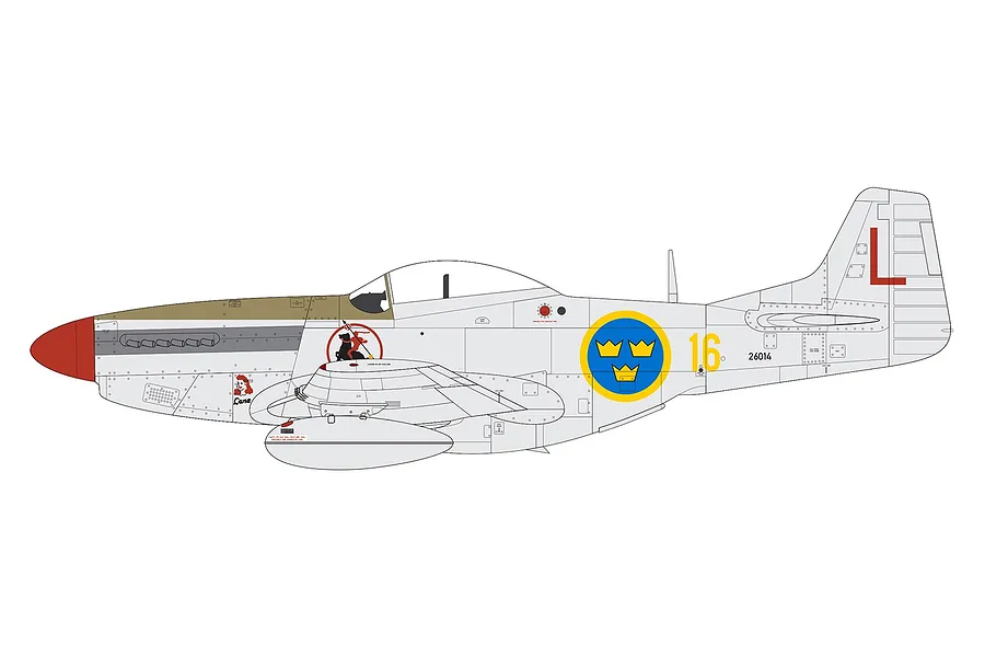 A digital side-profile illustration of a North American F-51D Mustang fighter aircraft with Swedish Air Force markings.