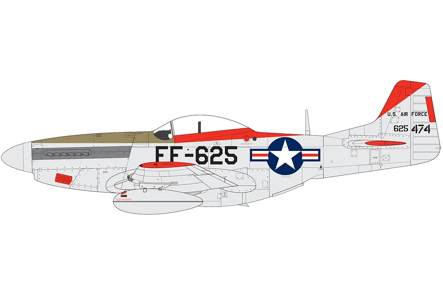 A side-profile digital illustration of a North American F-51D Mustang fighter aircraft in silver, red, and olive drab livery with US Air Force markings.