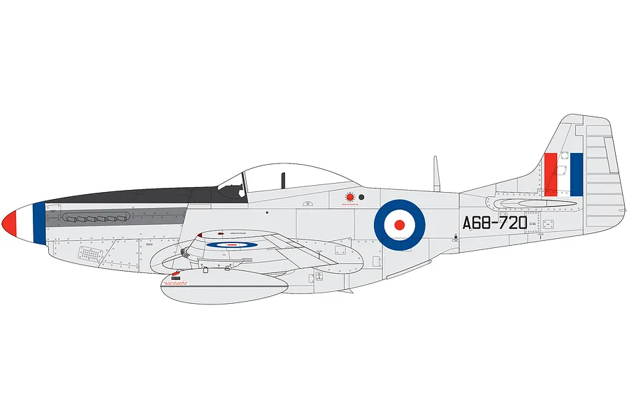 A side-profile illustration of a North American F-51D Mustang fighter aircraft in RAAF livery with the serial number A68-720.