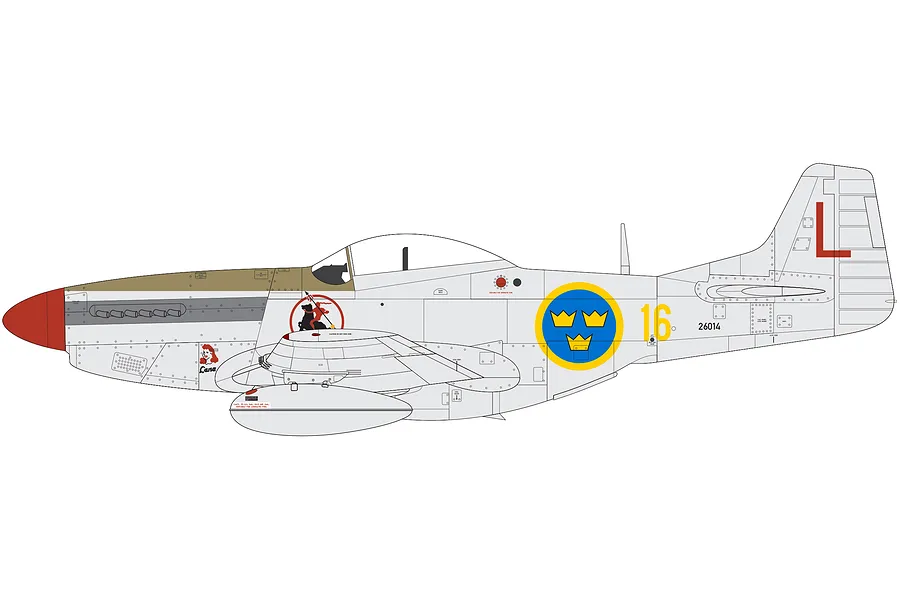 A side-profile digital illustration of a North American F-51D Mustang fighter aircraft featuring Swedish Air Force markings and nose art.