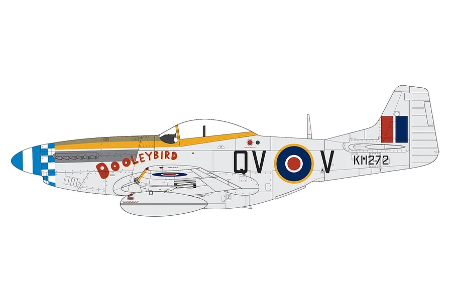 A digital side-profile illustration of a North American Mustang Mk.IV fighter aircraft, painted in silver with 'DOOLEYBIRD' markings.