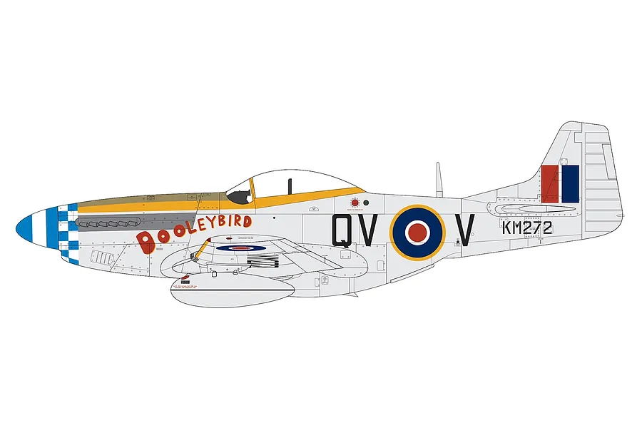 A side-profile digital illustration of a North American Mustang Mk.IV fighter aircraft, featuring the Dooleybird livery and RAF markings.