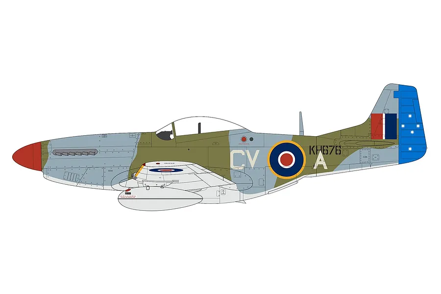 A digital side-profile illustration of a North American Mustang Mk.IV fighter aircraft with RAAF markings, featuring a red nose and blue tail.