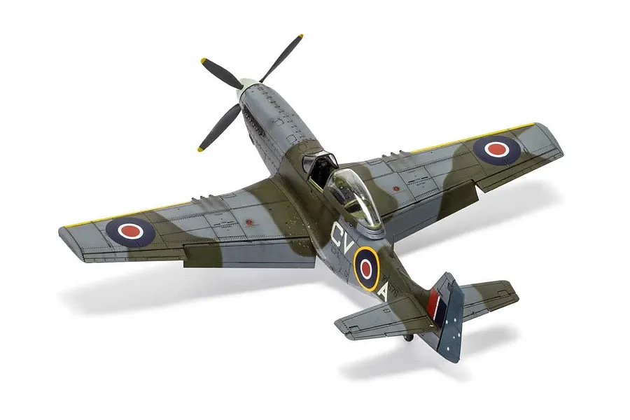 A fully assembled and painted 1/48 scale model of a North American Mustang Mk.IV fighter aircraft in camouflage livery.