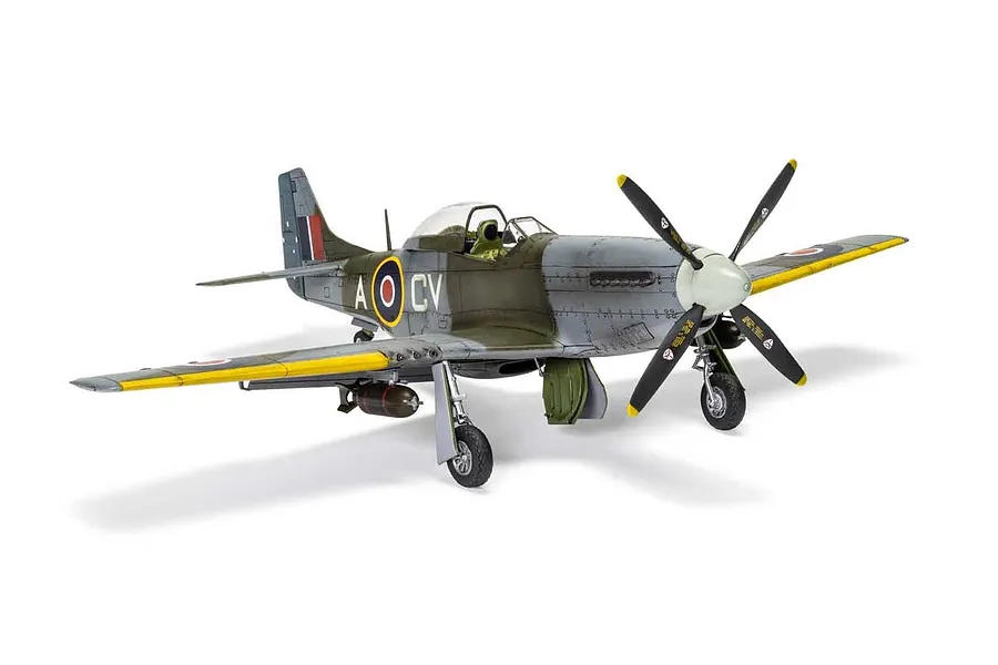A fully assembled and painted 1/48 scale model of a North American Mustang Mk.IV fighter aircraft, shown on a white background.
