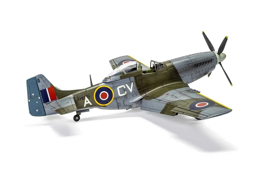 A finished 1/48 scale plastic model of a North American Mustang Mk.IV fighter plane, painted in RAAF camouflage with markings CV-A.