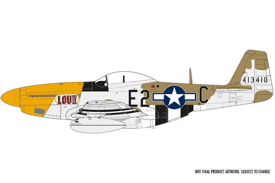 A digital side-profile illustration of a North American P-51D Mustang fighter aircraft with a yellow nose and camouflage markings.