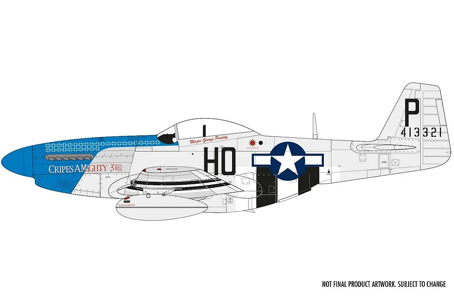 A digital side-profile illustration of a North American P-51D Mustang fighter plane, painted in silver with blue nose markings and Cripes A'Mighty 3rd livery.