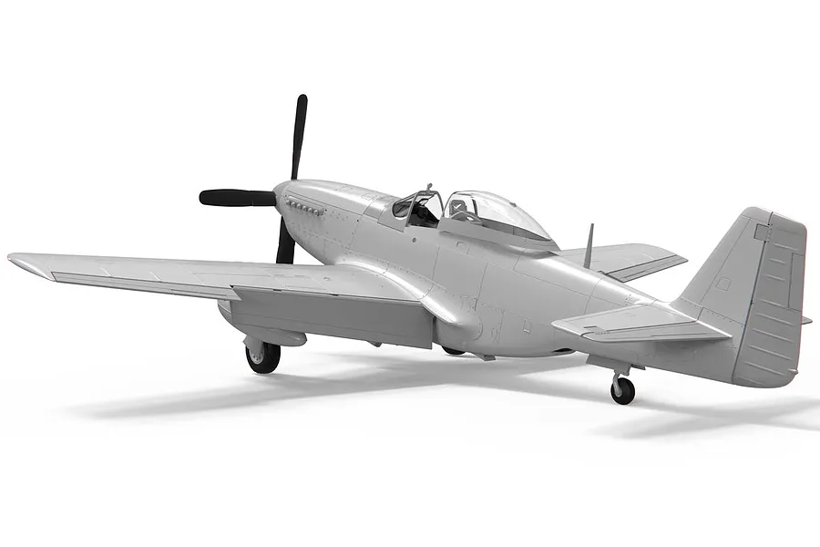 A 3D render of an unpainted, light grey plastic model of a P-51D Mustang fighter aircraft viewed from the rear three-quarter angle.